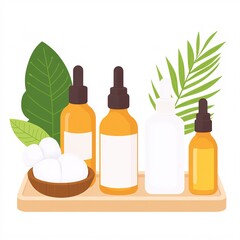 Wall Mural - 2409_001.A simple vector icon illustration depicting the group of natural skincare essentials at center for a website isolated white background. The illustration includes stylized representations of