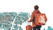 © Yaowarat - a 2D cartoon illustration of a person with a suitcase, looking at a city map, adventurous and curious, white background--ar 16:9