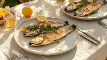 Wall Mural - Grilled Fish with Rosemary Lemon Outdoor Summer Lunch