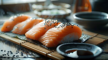 Sticker - Delicious Salmon Nigiri Sushi Sesame Seeds Soy Sauce Japanese Cuisine