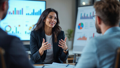 Wall Mural - Woman, presentation and charts on screen, talking and group with feedback for b2b sales in office. Business people, speaker and info with pitch, review and board with stats for brand communication