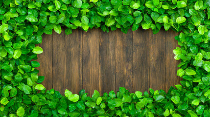 Wall Mural - Green Leafy Frame on Wooden Background