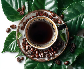 Sticker - Cup of black coffee with beans and leaves