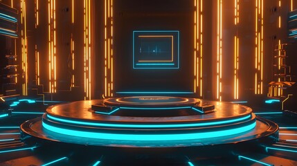 Poster - Futuristic stage design virtual reality event digital installation neon environment 360-degree view high-tech concept