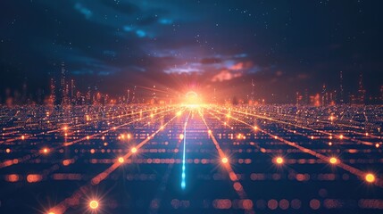 Poster - Futuristic digital grid landscape stretching into the distance, with glowing grid lines fading into a dark blue gradient background.