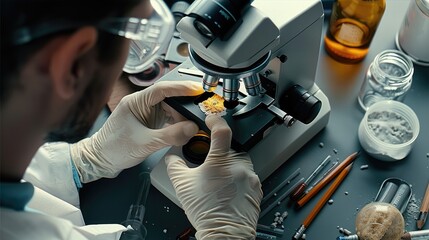 Poster - A scientist is working in the laboratory using a microscope to study a slide from a crime scene, examining evidence such as climbing chalk and graphite from a pencil.