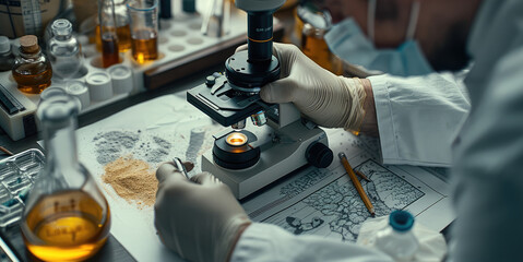 Poster - A scientist is working in the laboratory using a microscope to study a slide from a crime scene, examining evidence such as climbing chalk and graphite from a pencil.