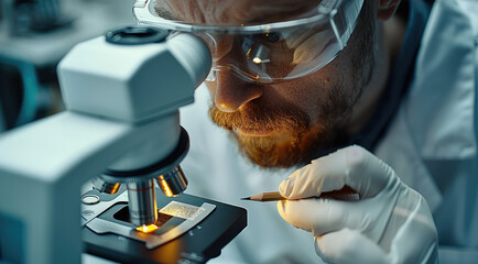 Poster - A scientist is working in the laboratory using a microscope to study a slide from a crime scene, examining evidence such as climbing chalk and graphite from a pencil.