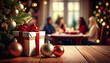 © Monika - Pusty, drewniany blat z prezentami i bombkami z boku. W tle choinka i rodzina siedząca przy świątecznym stole. Bożonarodzeniowe tło