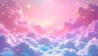 © Farjana Fim - A whimsica pastel rainbow unicorn background shines with sparkling stars against a soft, pink fantasy sky. Fairy iridescent gradient backdrop. unicorn resting on a fluffy cloud with a vibrant rainbow.