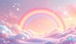 © Farjana Fim - A whimsica pastel rainbow unicorn background shines with sparkling stars against a soft, pink fantasy sky. Fairy iridescent gradient backdrop. unicorn resting on a fluffy cloud with a vibrant rainbow.