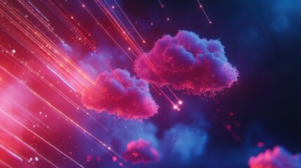 Wall Mural - Digital Cloud Computing Neon Lights, Data Streams, Network Clouds