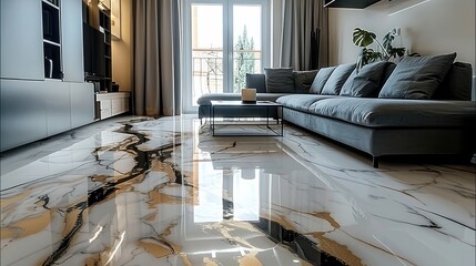 Aufkleber - Marble epoxy floor in home, Spacious luxury living room.