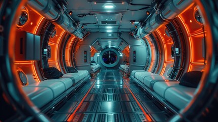Poster - Inside a submarine, dark lights, neon lights, future, submarine interior.