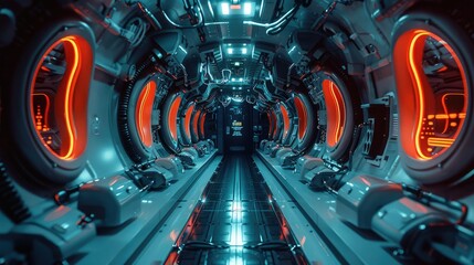 Poster - Inside a submarine, dark lights, neon lights, future, submarine interior.
