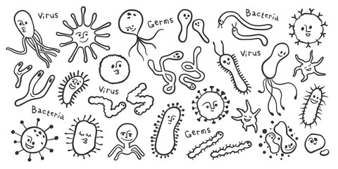 Wall Mural - Cute Bacteria, Virus, and Germ Line Art Doodle Set – Vector Illustrations on Transparent Background.