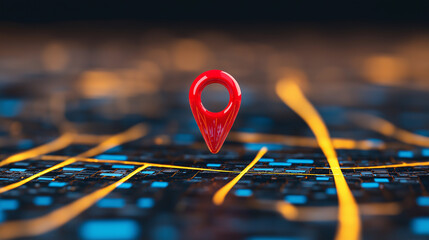 Poster - Red location pin on digital map with glowing lines, symbolizing navigation