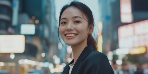 Wall Mural - A woman is smiling in a city street. She is wearing a black jacket and a white shirt