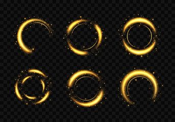 Wall Mural - set of golden shining circles with sparkles. magic golden twirl. curve light effect of golden line. 