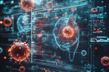 Wall Mural - futuristic digital interface displaying virus cells and data in a high-tech laboratory environment