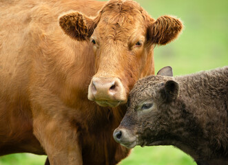 Wall Mural - Limousin cow facing front with her young  brown calf snuggling up to his mother  in a summer meadow. Concept: a mother's love for her calf.  Close up.  Yorkshire Dales, UK. Horizontal.  Space for copy