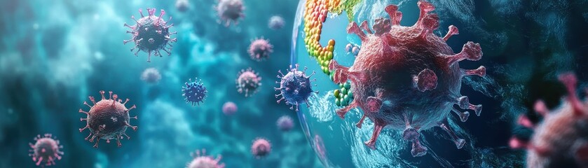 Wall Mural - digital illustration of viruses and dna strands in a microscopic view of a cellular environment