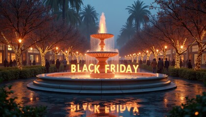 A serene park with glowing 'BLACK FRIDAY' text carved into a marble fountain, surrounded by festive decor and strolling shoppers