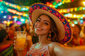 Smiling Hispanic Woman in Colorful Sombrero Holding Drink at a Festive Cinco de Mayo Celebration with Bright Lights.