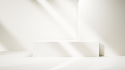 Fototapete - Luxury empty room with podium table stage and light beams with shadows. White copy space room table bright background abstract