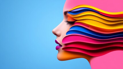 Wall Mural - woman's face is painted with a rainbow of colors. the image is a creative and colorful representatio