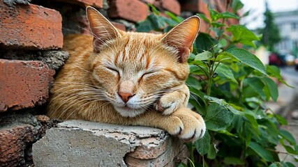 Wall Mural - An orange cat sleeps peacefully on a brick wall surrounded by greenery.