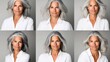 © Nataliia_Trushchenko - The woman in the image is smiling and has gray hair. She is wearing a white shirt and is posing for a photo. The photo is a collage of six different images of the woman