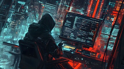 Poster - Cybersecurity analyst hacking session futuristic city digital art nighttime over-the-shoulder view tech concept