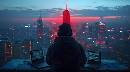 Aufkleber - Hacker monitoring cityscape futuristic skyline digital art urban environment night view technology concept