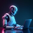 © mischenko - Artificial intelligence robot using laptop neon light futuristic technology 3d illustration banner