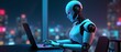 © mischenko - Artificial intelligence robot using laptop neon light futuristic technology 3d illustration banner