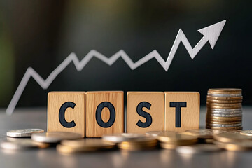 Wall Mural - Cost reduction concept. Cost wording on decreasing coins stacking with the down arrow. Businessman working on company cost saving. Cost Management, Economy recession, low budget, Effective business Ai