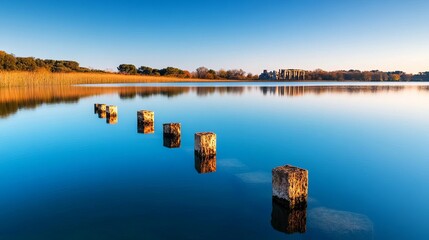 A lake filled with submerged ruins, its calm surface hiding untold stories