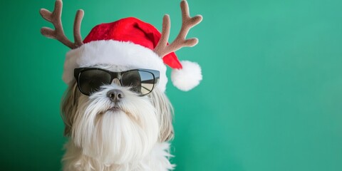 Wall Mural - merry christmas concept holiday vacation winter funny animal pet greeting card - cool french bulldog