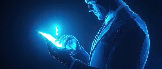 Wall Mural - Businessman using tablet, glowing digital interface.