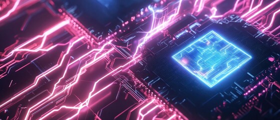 Wall Mural - abstract glowing circuit board with central processor. (1)