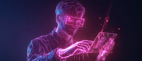 Wall Mural - Futuristic man using a tablet, digital art.