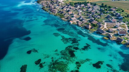 Wall Mural - A village submerged by clear blue water, with visible outlines of streets and structures