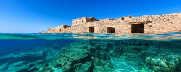 Wall Mural - A village turned underwater museum, with structures preserved beneath clear water