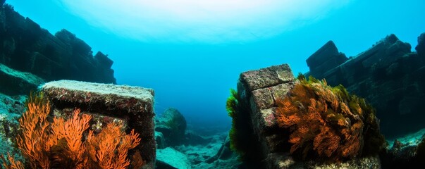 Wall Mural - Sunken ruins of a coastal town, overgrown with vibrant seaweed and coral