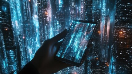 Wall Mural - hand holding phone displaying futuristic city data stream.