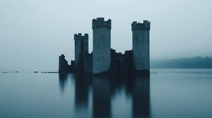 Wall Mural - The remains of a castle partially submerged, its towers creating a haunting silhouette