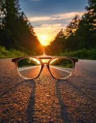 Wall Mural - Sunset view reflected in sunglasses on an empty road.