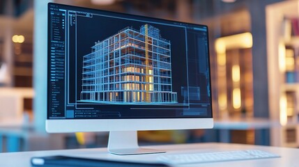 Wall Mural - Detailed View of Architectural CAD Software Interface Displaying a Vibrant 3D Model of a Complex Building with Standard Scaling Options in an Office Environment