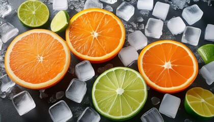 Wall Mural - Refreshing citrus slices on ice. A vibrant mix of oranges and limes, perfect for a summer drink.